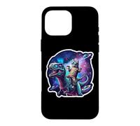 Custodia per iPhone 16 Pro Max Divertente gatto che cavalca Trex dinosauro nello spazio proprietario dell'animale domestico mamma papà