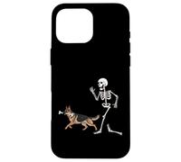 Custodia per iPhone 16 Pro Max Divertente Halloween Pastore Tedesco e Scheletro