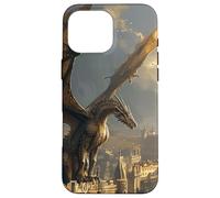 Custodia per iPhone 16 Pro Max Drago che domina una città gotica dorata all'alba