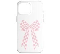 Custodia per iPhone 16 Pro Max Fiocco carino rosa chiaro bianco a scacchi Coquette nastro
