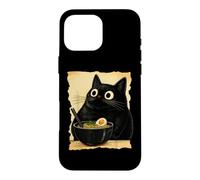 Custodia per iPhone 16 Pro Max Funny Black Fat Cat Eating Ramen Japanese Kawaii Anime