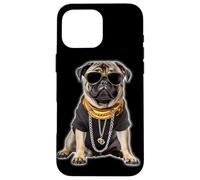 Custodia per iPhone 16 Pro Max Gangster Pug Hip Hop Cane con occhiali da sole e catena d'oro