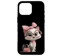 Custodia per iPhone 16 Pro Max Gattino Grigio Gatto Rosa Leopard Occhiali Glam Fashion Graphic