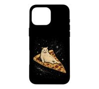 Custodia per iPhone 16 Pro Max Gatto che cavalca una fetta di pizza ai peperoni attraverso Galaxy Funny Space