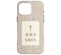 Custodia per iPhone 16 Pro Max Gesù salva l'estetica della croce di fede cristiana con stampa leopardata