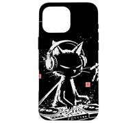 Custodia per iPhone 16 Pro Max Giradischi in vinile vintage calligrafico DJ Cat arte giapponese