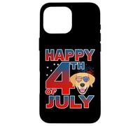 Custodia per iPhone 16 Pro Max Golden Retriever Dog American Flag Sunglasses Happy 4th July
