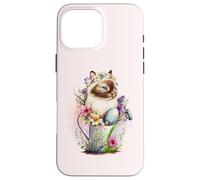 Custodia per iPhone 16 Pro Max Happy Easter Cat Easter Tea Cup Coffee Cat Siamese Floral