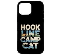 Custodia per iPhone 16 Pro Max Hook Line Camp Cat Funny Camping Pesca