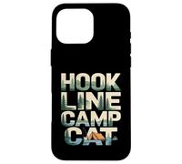Custodia per iPhone 16 Pro Max Hook Line Camp Cat Funny Camping Pesca