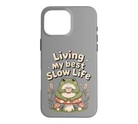 Custodia per iPhone 16 Pro Max Living My Best Slow Life, simpatica rana