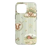 Custodia per iPhone 16 Pro Max Longhorn - Acquerello con prato e mucca, uccellino, fattoria, floreale