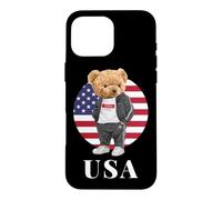 Custodia per iPhone 16 Pro Max Love Yourself, Cool Illustration Teddy Bear With USA Flag