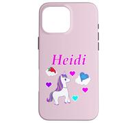 Custodia per iPhone 16 Pro Max Maglietta per compleanno con unicorno e nome Heidi, personalizzabile