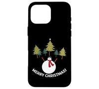 Custodia per iPhone 16 Pro Max Merry Christmas Pupazzo di neve e alberi di pino
