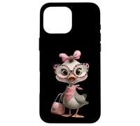 Custodia per iPhone 16 Pro Max Occhiali da ragazza con motivo leopardato rosa con pulcino e uccellino