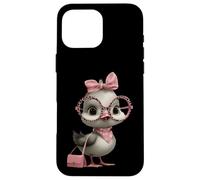 Custodia per iPhone 16 Pro Max Occhiali da ragazza con motivo leopardato rosa con pulcino e uccellino