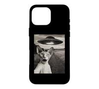 Custodia per iPhone 16 Pro Max Sphynx Cat Selfie Con Alien Ship UFO Abduction Retro Foto