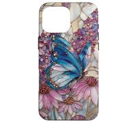 Custodia per iPhone 16 Pro Max Stained Glass Inspired Butterflies Purple and Blue Floral Ar