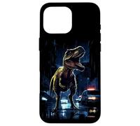 Custodia per iPhone 16 Pro Max T-Rex Dinosaur Roaring City at Night Graphic Design Japanese