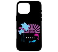 Custodia per iPhone 16 Pro Max Vaporwave Retro CHILL Vibes Delfino Tramonto Palma Delfino