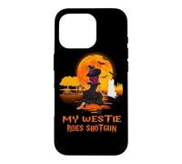 Custodia per iPhone 16 Pro My Westie Rides Shotgun Dog Witch Funny Halloween Costume
