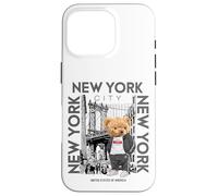 Custodia per iPhone 16 Pro New York City Teddy Bear with The Dumbo Manhattan Bridge