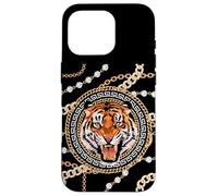 Custodia per iPhone 16 Pro Rich Wild Tiger with Printed Gold Chains & Diamonds Style