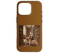 Custodia per iPhone 16 Pro Scena di lettura del libro del cane della biblioteca di Cavalier Spaniel