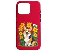Custodia per iPhone 16 Pro Simpatico cane corgi tra narcisi che sostengono il Galles