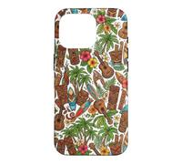 Custodia per iPhone 16 Pro Ukulele Tiki hawaiano con fiori di ibisco e palma
