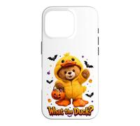 Custodia per iPhone 16 Pro What The Duck Halloween Teddy Bear Wearing Yeallow Duck
