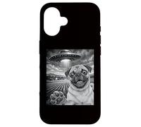 Custodia per iPhone 16 Pug Selfie con UFO Divertente amante del carlino selfie cane