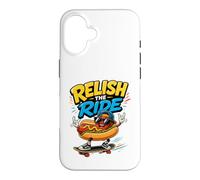 Custodia per iPhone 16 Relish The Ride - Divertente skateboarder con hot dog