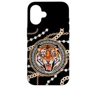 Custodia per iPhone 16 Rich Wild Tiger with Printed Gold Chains & Diamonds Style
