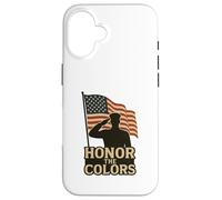 Custodia per iPhone 16 Sagoma e bandiera patriottica 'Honor the Colors' Saluting