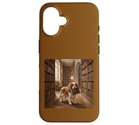 Custodia per iPhone 16 Scena di lettura del libro del cane della biblioteca di Cavalier Spaniel