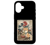 Custodia per iPhone 16 Shiba Inu Mangiare Ramen Noodles Ukiyo-e Great Wave Art