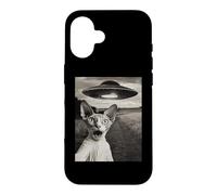 Custodia per iPhone 16 Sphynx Cat Selfie Con Alien Ship UFO Abduction Retro Foto