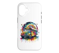 Custodia per iPhone 16 Tie Dye School Bus Art Psychedelic Retro Colors Futuristic