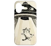 Custodia per iPhone 16 Ukiyo-e Style UFO che rapisce la pittura artistica a inchiostro di gatto carino