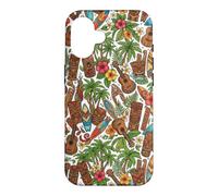 Custodia per iPhone 16 Ukulele Tiki hawaiano con fiori di ibisco e palma