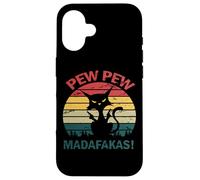 Custodia per iPhone 16 Vintage Pew Pew Madafakas Pew Guns Divertente Gatto Nero Retro
