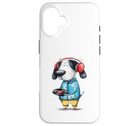 Custodia per iPhone 16 Whimsical Dog Cuffie Vinile Record Music Amante