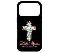 Custodia per iPhone 17 Pro Christian - Croce floreale pasquale con scritta "Faithful Mama He Is Risen"