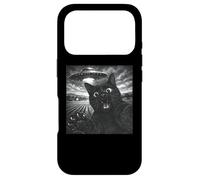 Custodia per iPhone 17 Pro Divertente gatto selfie con UFO Black Cat Amante alieno UFO credente