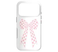 Custodia per iPhone 17 Pro Fiocco carino rosa chiaro bianco a scacchi Coquette nastro