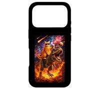 Custodia per iPhone 17 Pro Funny Coffee Orange Cat Riding T-Rex in Cosmic Galaxy UFO