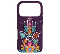 Custodia per iPhone 17 Pro Hamsa mano di Fatima con fiori viola OM segno spirituale