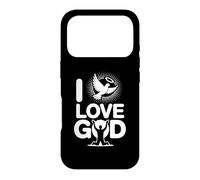 Custodia per iPhone 17 Pro I Love God Dove Halo Messaggio Spirituale